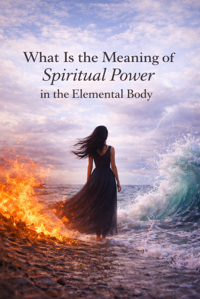A woman seen from behind stands at the shoreline where gentle fire glows on one side and ocean waves rise on the other. Her long dark dress and hair move softly in the wind as she faces the horizon under a calm, cloud-filled sky. Above her, elegant text reads, “What Is the Meaning of Spiritual Power in the Elemental Body.”