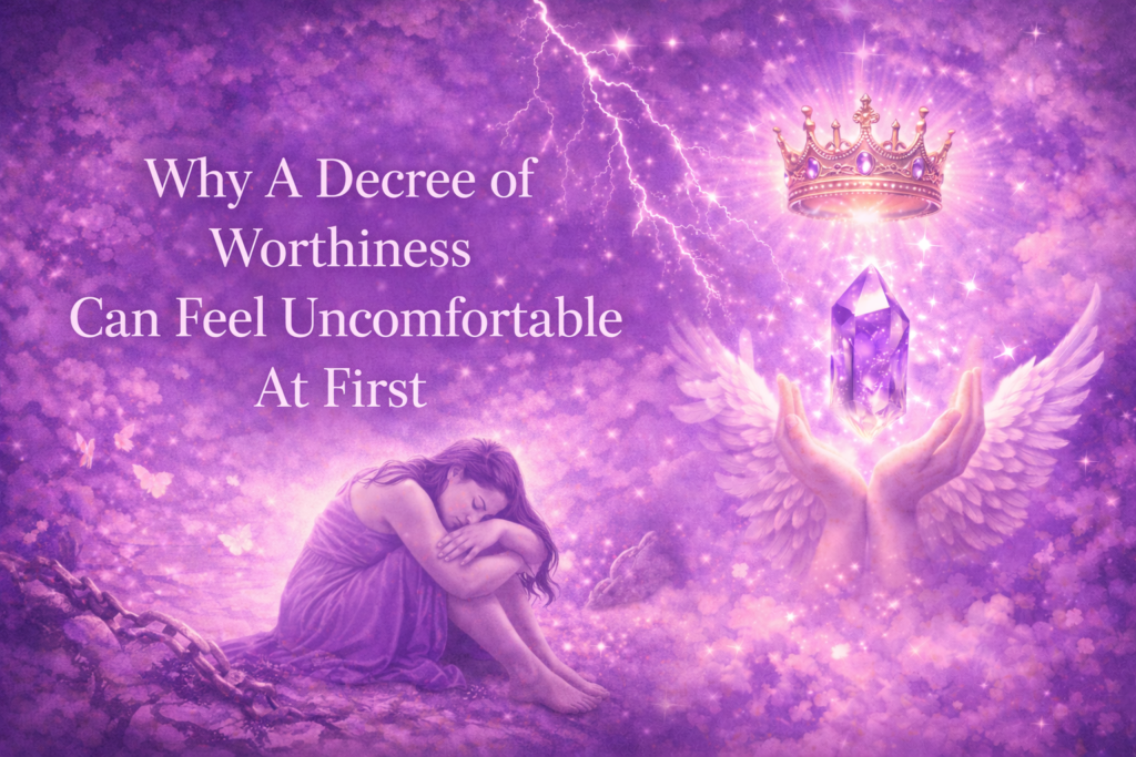 Why A Decree of Worthiness Can Feel Uncomfortable At First, shown in a soft purple and pink celestial scene with a woman curled inward in vulnerability, lightning in the sky, and a glowing crown and crystal held in luminous hands, symbolising the initial nervous-system resistance to claiming sovereign self-worth