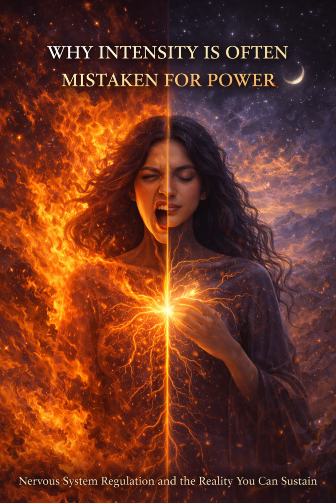 Split image of a woman shown in fire and calm states, illustrating why intensity is often mistaken for power and how nervous system regulation creates true embodied strength.