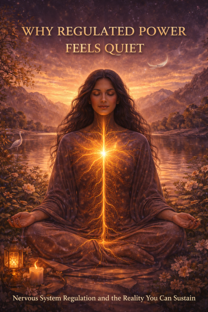 Illustration of a calm woman with a glowing nervous system in meditation, representing regulated power, nervous system regulation, and embodied inner authority.