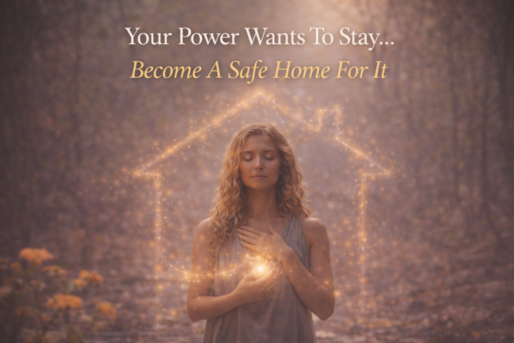 Woman standing in a misty forest with hands over her heart as golden light forms a glowing house shape around her, symbolising becoming a safe inner home for power and healing your nervous system gently through safety, containment, and self-trust