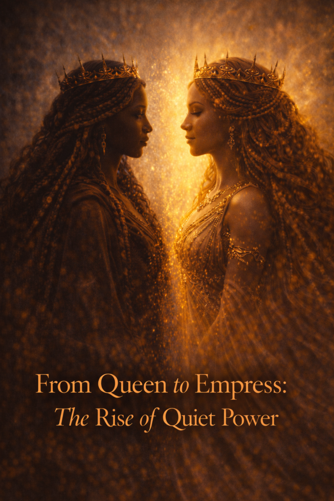 Two crowned women, one Black and one white, face each other in a golden, mist-filled temple light, symbolising the inner initiation from Queen to Empress and the rise of quiet, embodied feminine power and sovereignty.