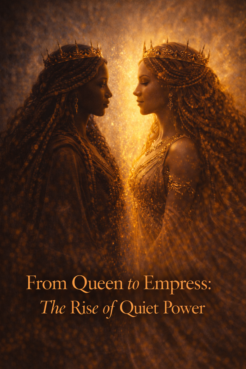 Two crowned women, one Black and one white, face each other in a golden, mist-filled temple light, symbolising the inner initiation from Queen to Empress and the rise of quiet, embodied feminine power and sovereignty.