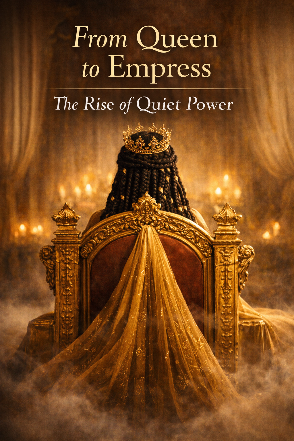 A Black woman with long goddess braids and a golden crown is seen from behind, seated on an ornate gold throne in a candlelit temple space, her flowing gold veil cascading down the back of the chair, symbolising the transition from Queen to Empress and the embodiment of quiet, sovereign power.