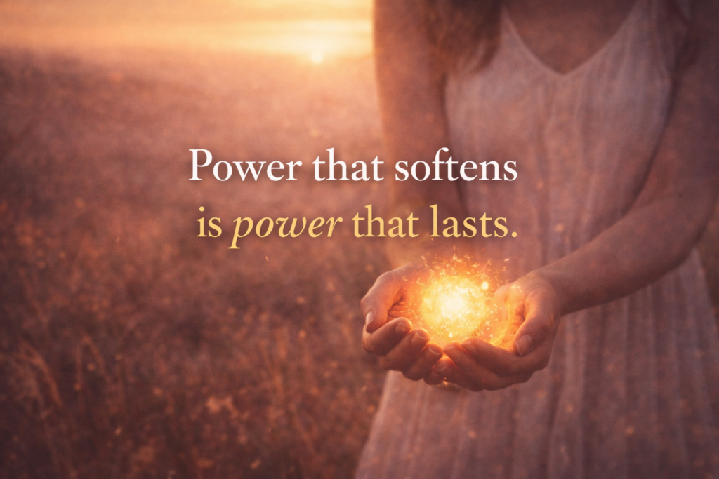 A woman in a soft, flowing dress stands in golden evening light, gently cupping a glowing orb of light in her hands, with the words “Power that softens is power that lasts” over the image.
