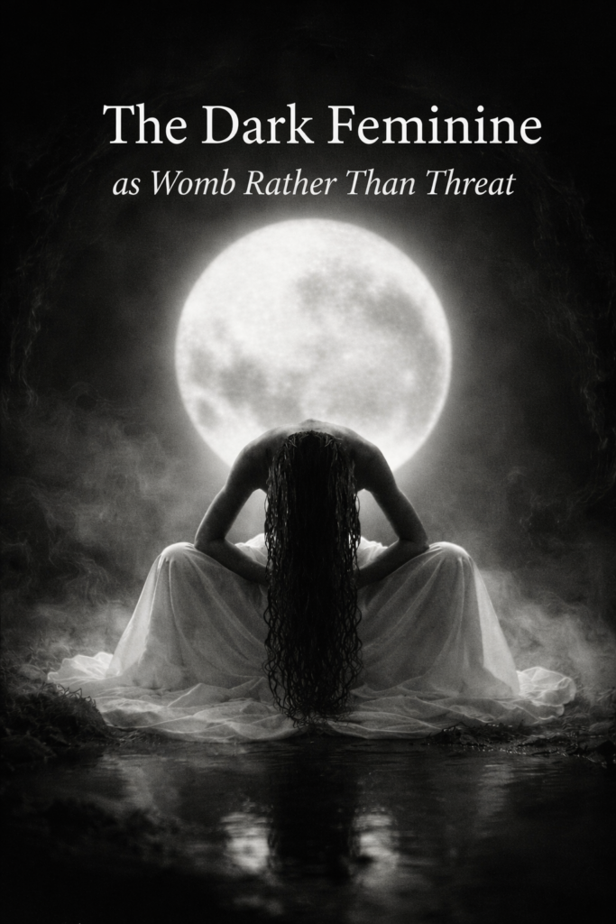 Black and white image of a woman seated in a womb-like, meditative posture before a full moon, her head bowed and hair cascading forward, symbolising the Dark Feminine as a place of safety, containment, and gestation rather than fear or threat.