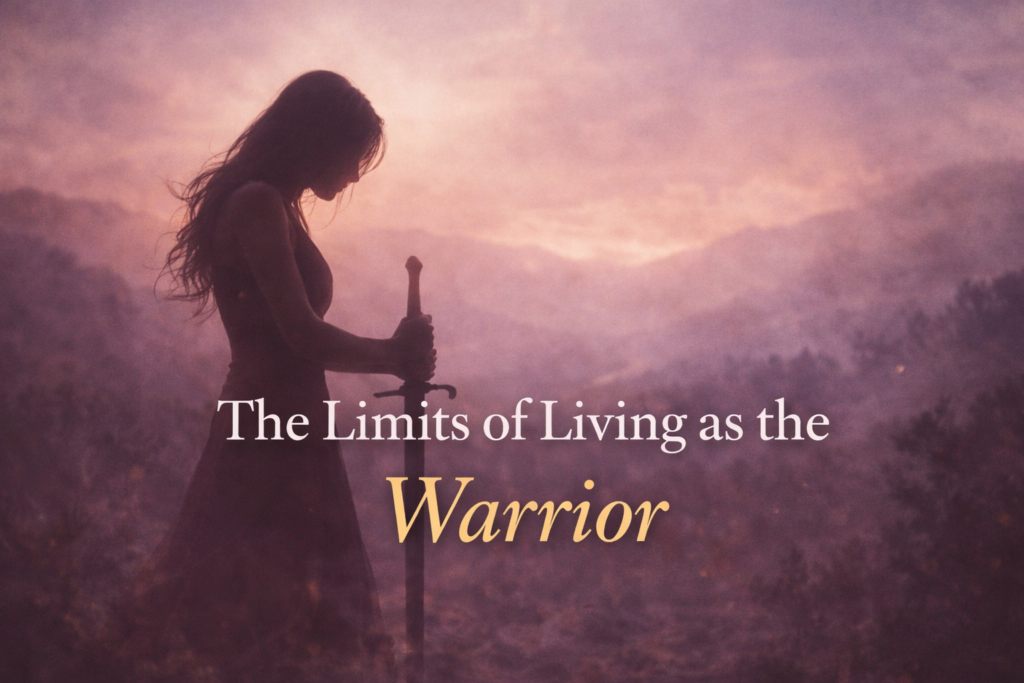 A silhouetted woman stands on a mountain ridge at sunset, holding a sword with both hands planted in the ground, symbolizing strength, vigilance, and the emotional weight of living in constant warrior mode.
