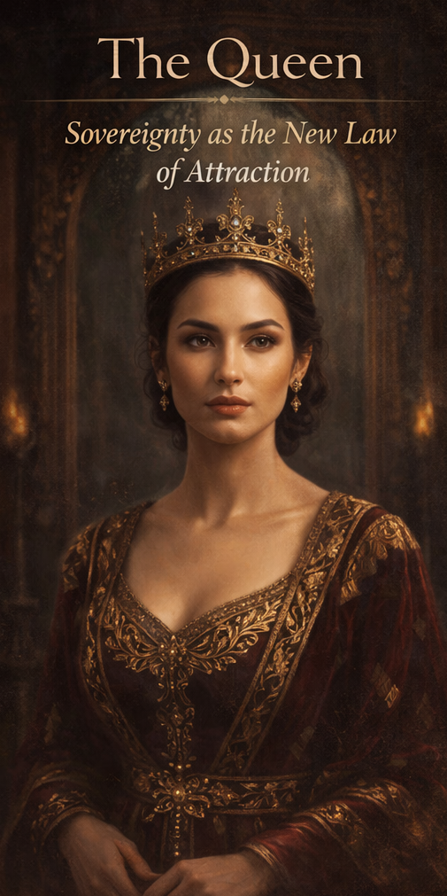 The Queen archetype embodying the feminine attraction field through sovereign self-worth, calm authority, and magnetic presence.