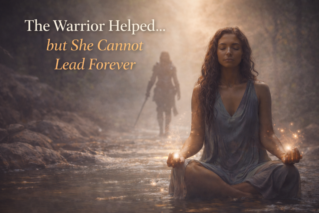 Serene woman meditating in a shallow forest river with soft golden light in her hands, while a shadowed female warrior holding a sword walks away in the mist behind her, symbolising the transition from survival to nervous system safety and feminine restoration