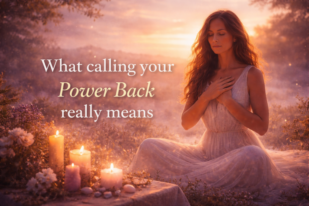 “Soft, inspirational graphic with a gentle sunrise sky and the words ‘What Calling Your Power Back Really Means’ centered across the image in elegant serif text.”
