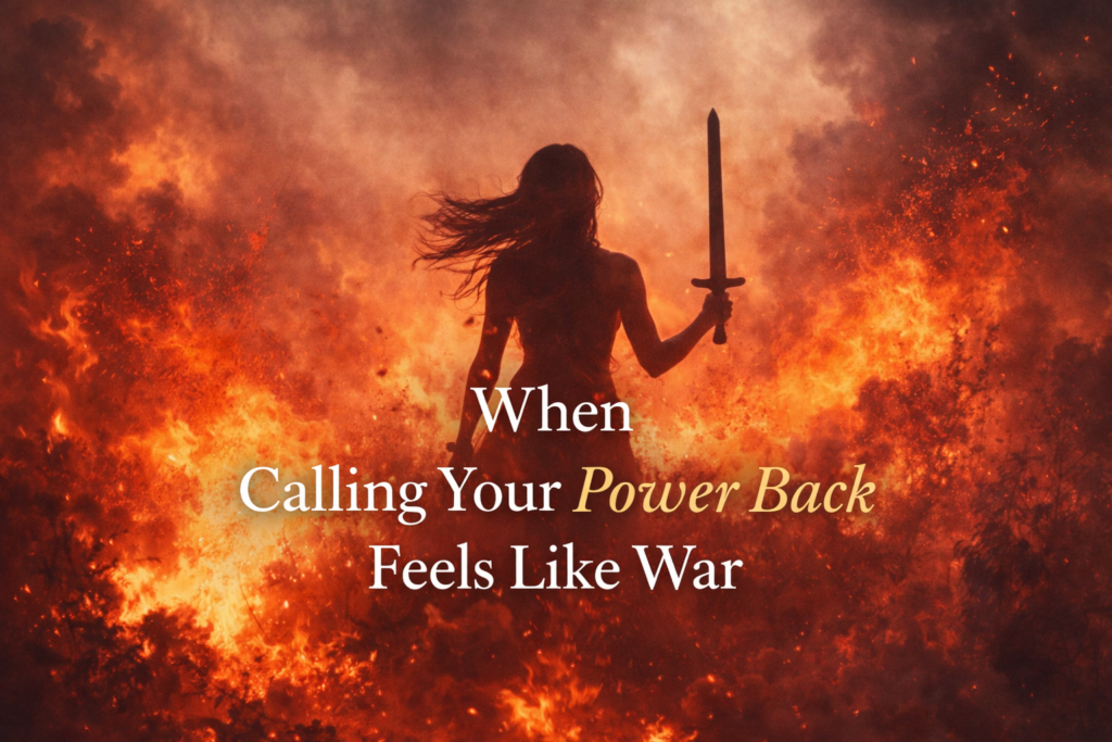 A silhouetted woman stands in the middle of roaring flames holding a sword, symbolizing the intensity and inner battle of calling your power back when it feels like war.
