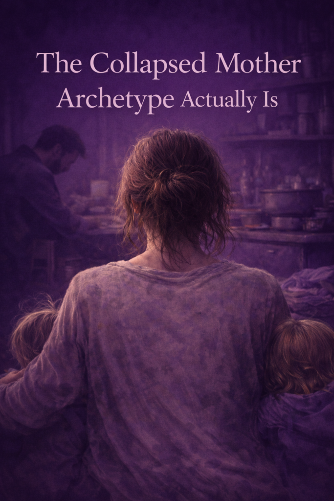 Archetypal image of the collapsed mother archetype shown from behind in deep purple tones, representing when care becomes overwhelming responsibility.
