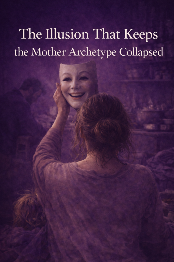 Archetypal image of the collapsed mother archetype shown from behind holding a smiling mask, symbolising the illusion that keeps the mother archetype collapsed.
