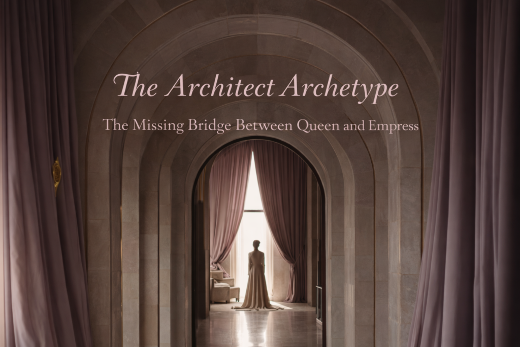 A serene arched corridor in pale stone and muted mauve tones, with layered architectural arches leading forward. A distant feminine silhouette stands upright at the threshold, facing the light ahead, symbolising the Architect archetype as the bridge between Queen and Empress through structure, restraint, and intentional design.
