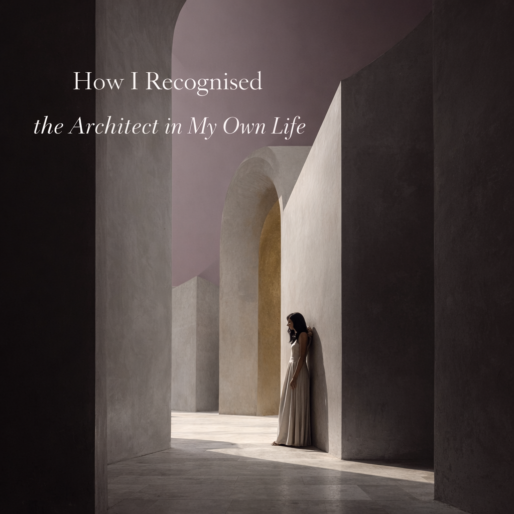 A woman in a flowing cream dress stands quietly within a series of softly lit stone arches, embodying the Architect Archetype as a new archetype of feminine structure and inner authority. Muted mauve stone, warm gold accents, and layered archways create a serene, temple-like interior.