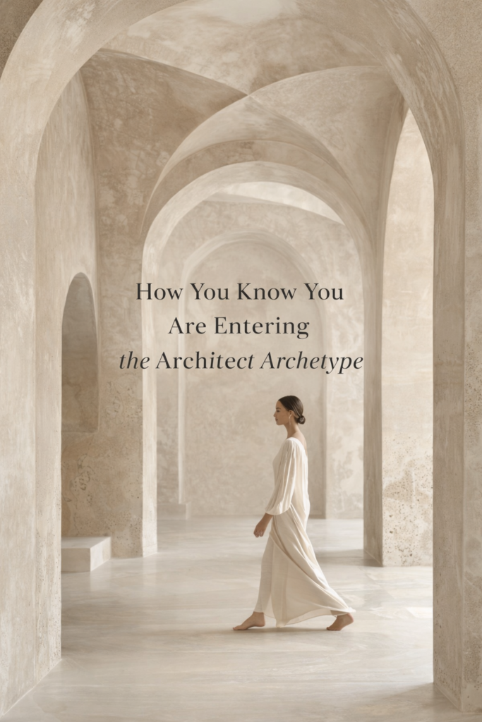 Minimal stone interior with layered arches and soft natural light, showing a woman in a flowing cream dress walking calmly through an architectural passageway, with centred text reading “How You Know You Are Entering the Architect Archetype,” evoking a sense of transition, structure, and emerging self-authority.