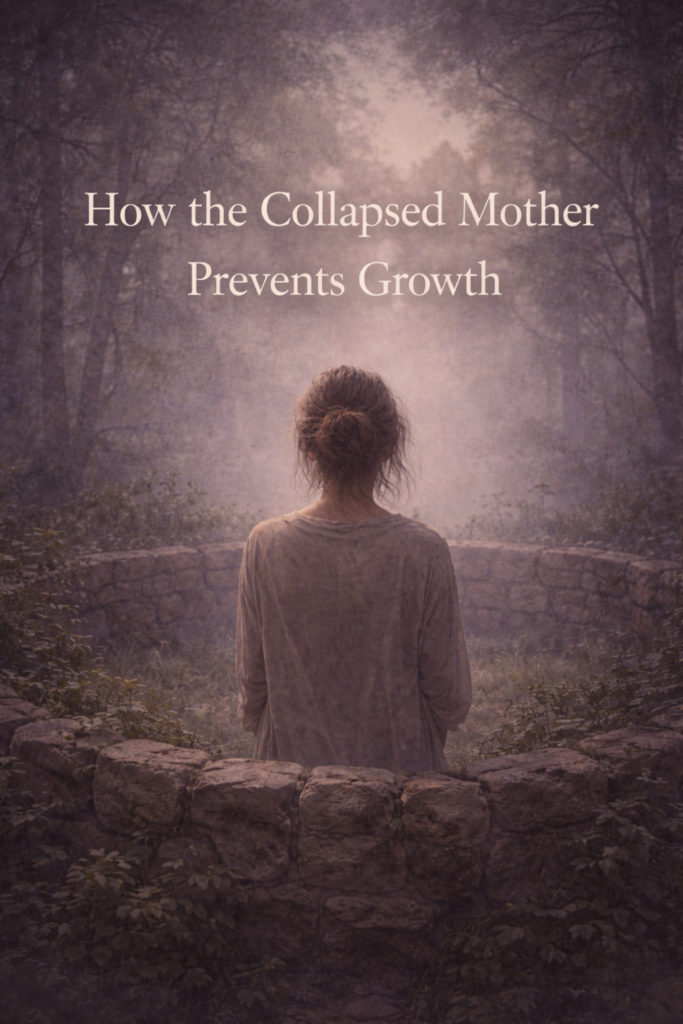 Archetypal image representing how the collapsed mother archetype prevents growth, shown as a faceless woman standing within an enclosed stone space.

