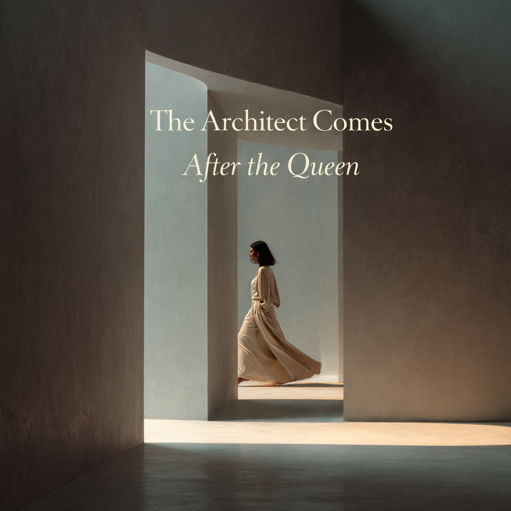 A woman walking through a minimalist architectural passageway, symbolising the Architect archetype as a new archetype that comes after the Queen, representing structure, transition, and embodied self-leadership.