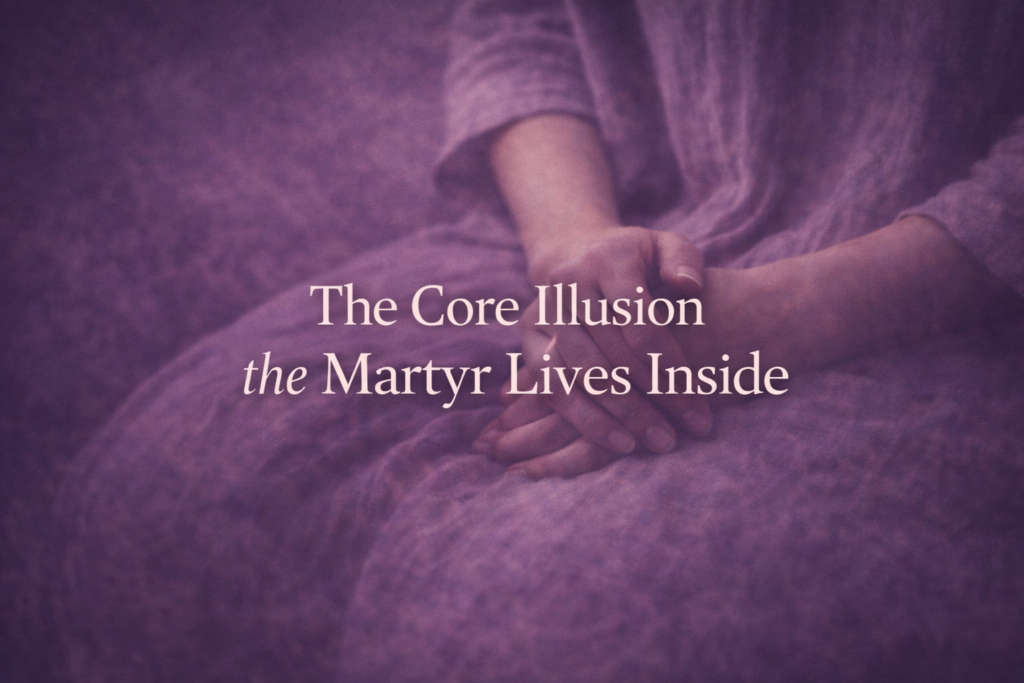 Close-up of a woman’s hands resting in her lap in soft purple tones, representing the core illusion of the Martyr archetype.
