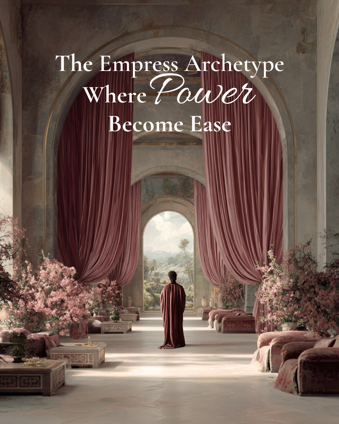 Hero image for The Empress Archetype: Where Power Becomes Ease, showing a solitary figure standing calmly in a grand stone hall with arched ceilings, flowing rose-toned drapery, and soft light, embodying feminine sovereignty, grounded ease, and quiet embodied power.