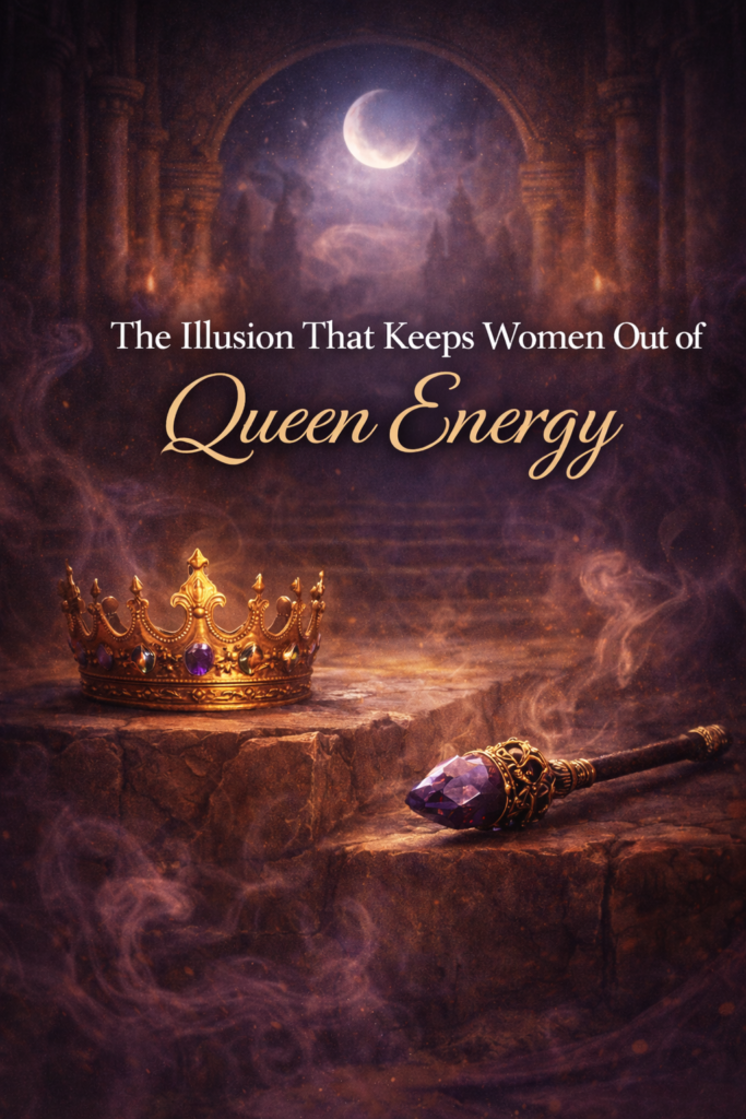 Mystical, faceless feminine figure standing within a ceremonial, temple-like space, symbolising sovereignty and self-worth, with the text overlay “The Illusion That Keeps Women Out of Queen Energy.”