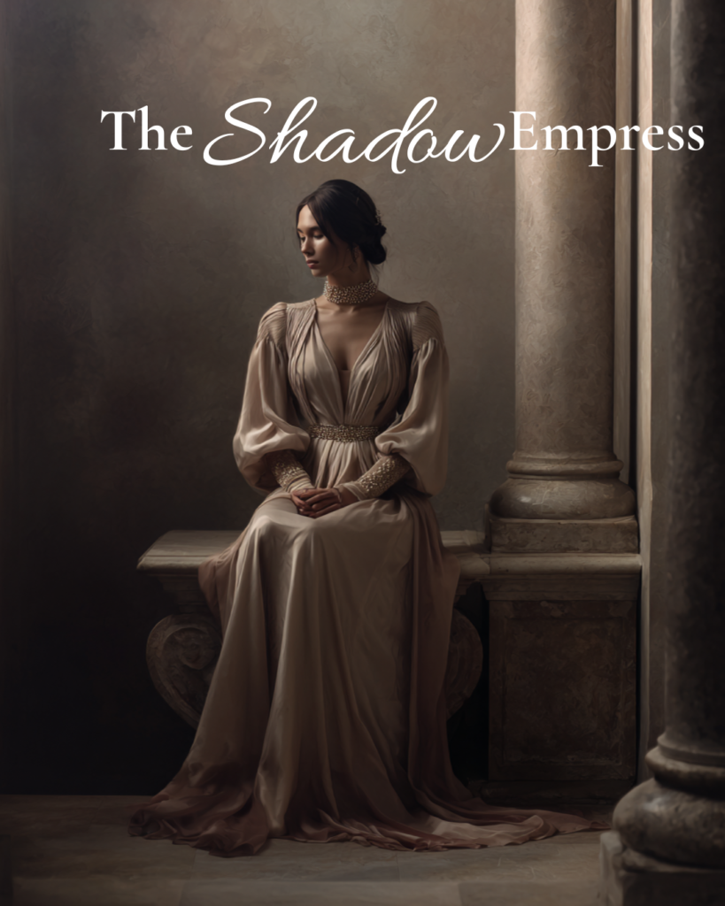 A woman seated in soft shadow beside a stone column, wearing an elegant gown and lowered gaze, embodying the Shadow Empress archetype through restrained power, guarded softness, and composed yet inward tension.