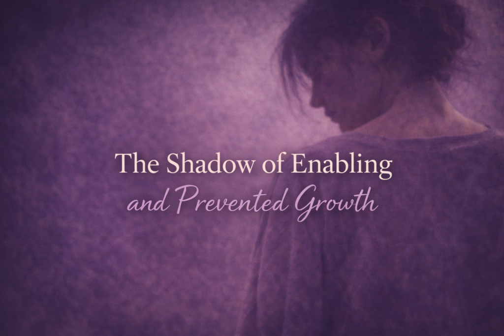 Woman in soft purple tones seen in profile with head slightly bowed, representing the shadow of enabling and prevented growth.