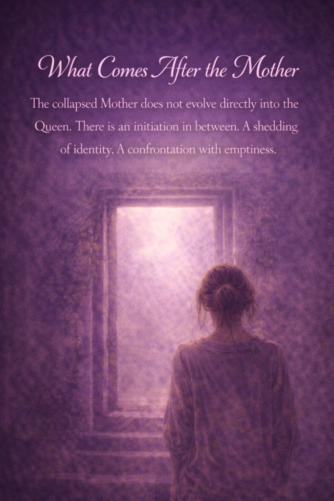**Alt text:**
Archetypal image of a woman seen from behind standing before a glowing doorway in deep purple tones, symbolising what comes after the Mother archetype, an initiation marked by shedding identity and confronting emptiness before sovereignty.
