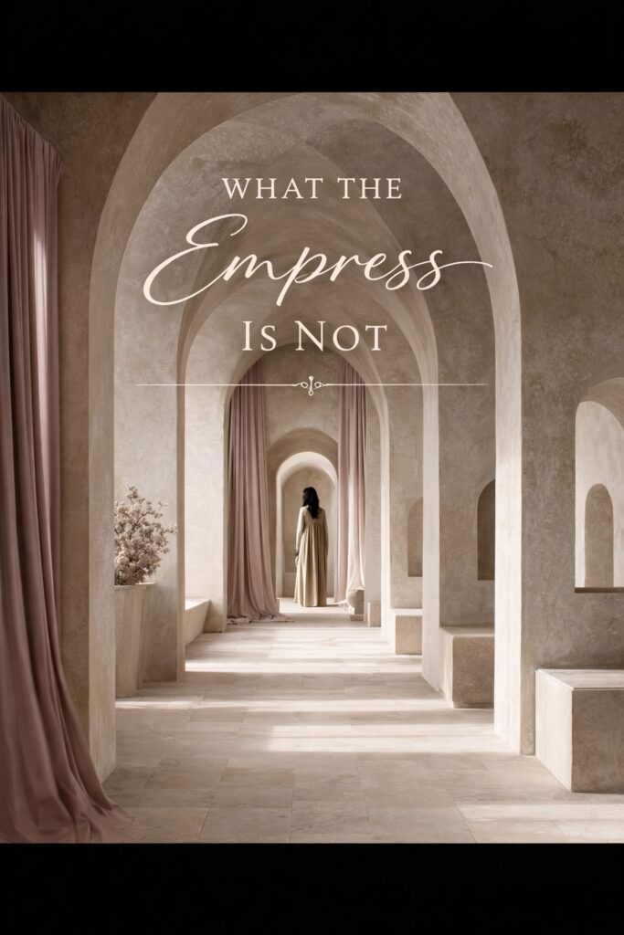 Minimal stone arches and soft blush curtains frame a distant feminine figure standing calmly in a quiet corridor, illustrating what the Empress archetype is not through restraint, simplicity, and non-performative feminine power.