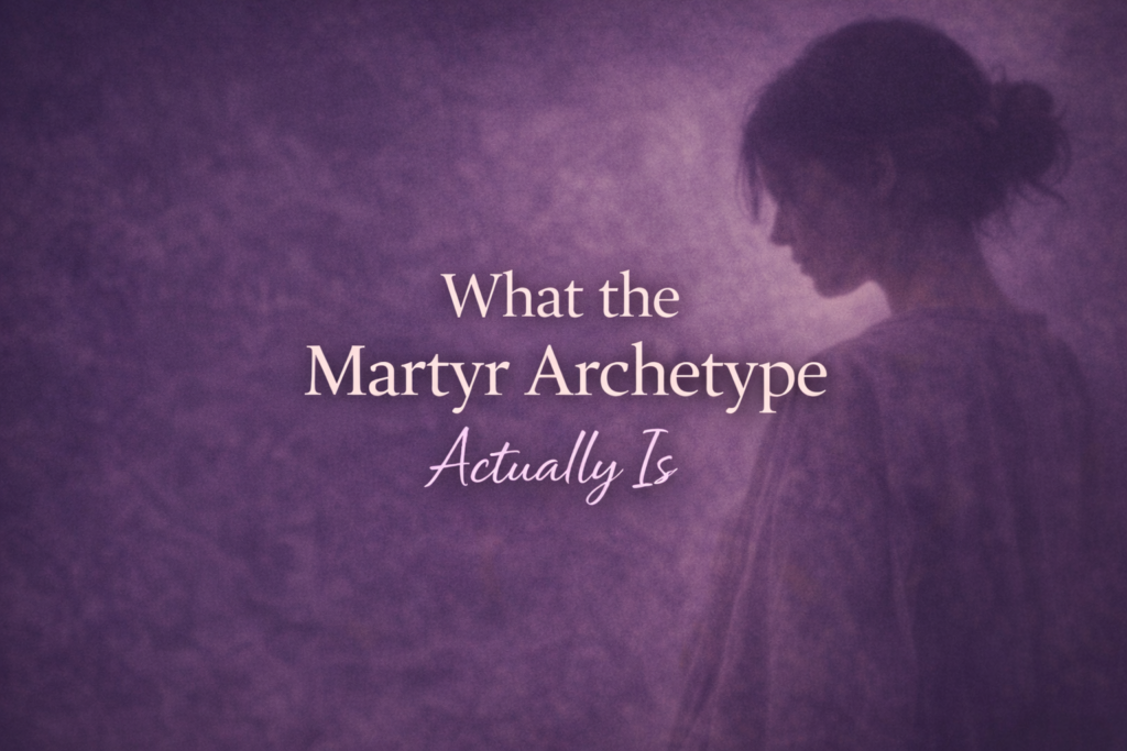 Purple-toned image of a woman in profile with soft shadow, representing what the Martyr archetype actually is.