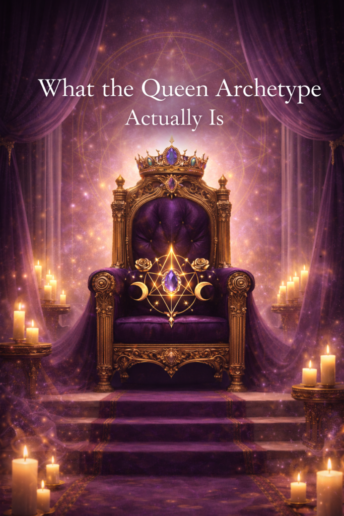 Ornate golden throne with deep purple velvet cushions and an amethyst crown, set within a candle-lit temple space, symbolising the Queen archetype and sovereign self-worth.