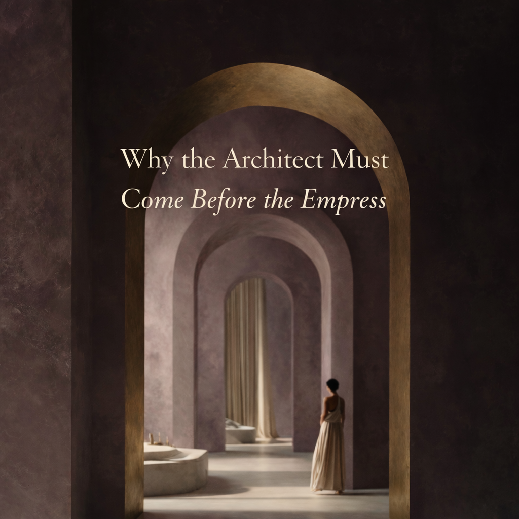An elegant arched corridor in deep plum and stone tones, with layered arches receding into soft light. A feminine figure in a flowing cream gown stands at the threshold, facing inward. Text overlay reads “Why the Architect Must Come Before the Empress,” symbolising structure, containment, and the transitional Architect archetype.