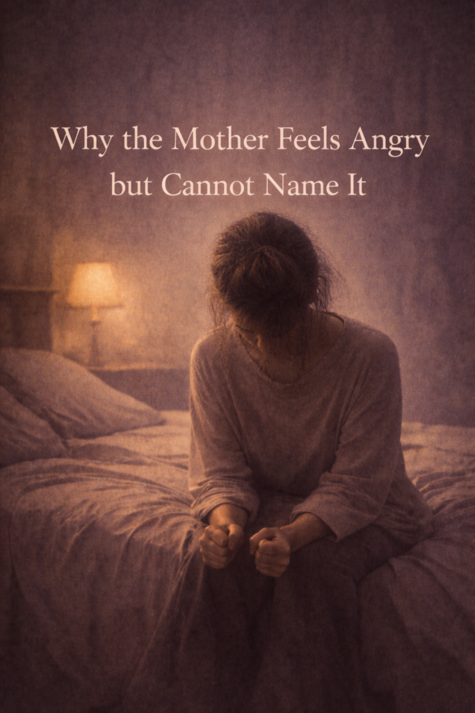 Archetypal image representing why the mother archetype feels angry but cannot name it, shown as a faceless woman seated in quiet tension.