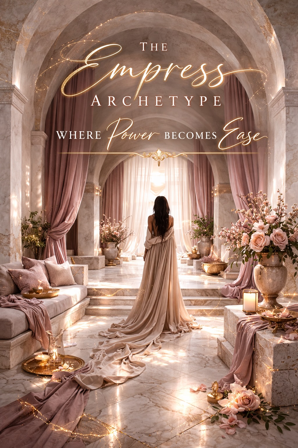 The Empress Archetype hero image showing a woman in a flowing ivory gown standing calmly within an elegant stone sanctuary of arches, soft blush drapery, candlelight, and floral arrangements, embodying feminine power, safety, and ease.