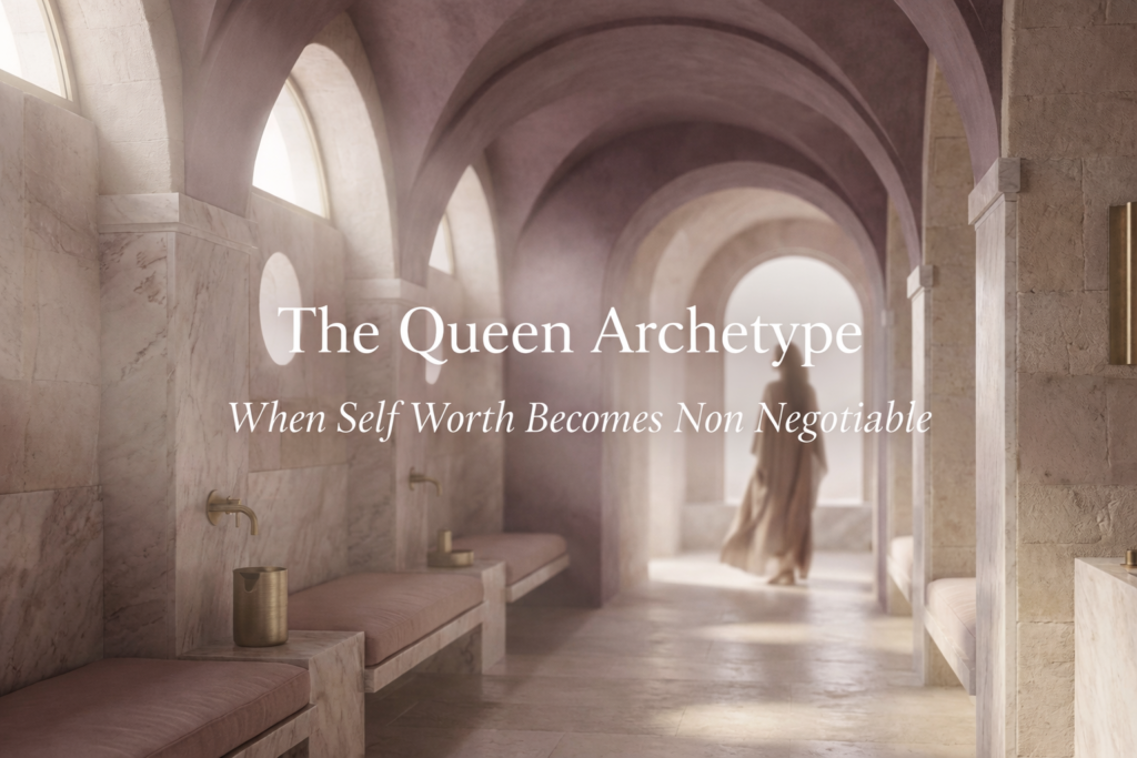 Softly lit arched stone corridor in muted plum and rose tones, with a distant, fully clothed feminine silhouette walking toward a bright doorway; calm, sovereign atmosphere representing the Queen Archetype and self-worth becoming non-negotiable.
