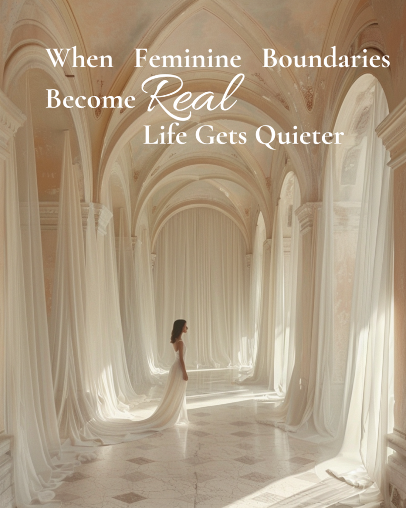 Serene interior sanctuary with soft arches and flowing curtains, symbolising feminine boundaries, quiet authority, and embodied calm.