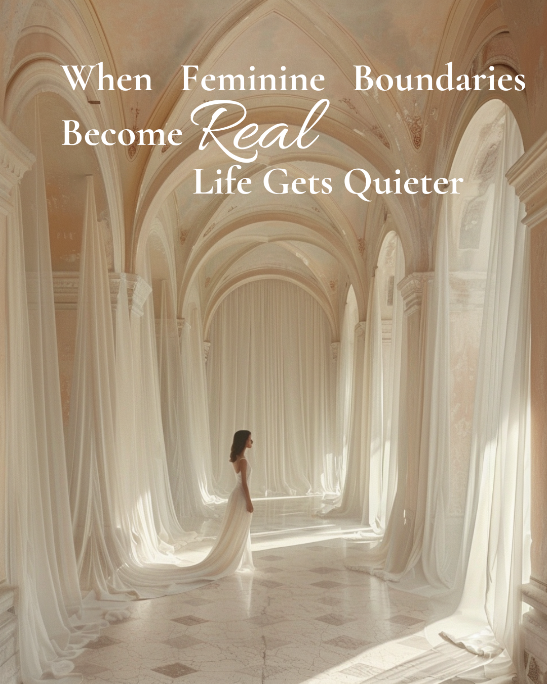 Serene interior sanctuary with soft arches and flowing curtains, symbolising feminine boundaries, quiet authority, and embodied calm.