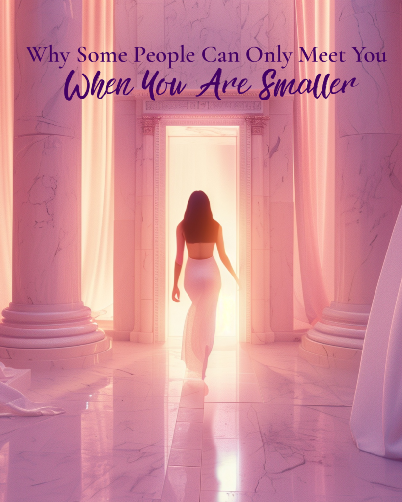 Woman walking toward a glowing doorway in a serene temple sanctuary, symbolising spiritually outgrowing people and stepping into a new identity.