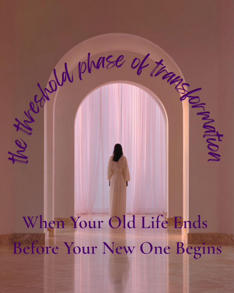 A serene, feminine interior with soft pink curtains and marble floors, showing a woman standing in a doorway between two spaces, symbolising the threshold phase of transformation and identity shift.