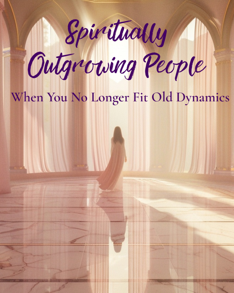 Woman standing in a serene marble sanctuary symbolising spiritually outgrowing people and old relationship dynamics.