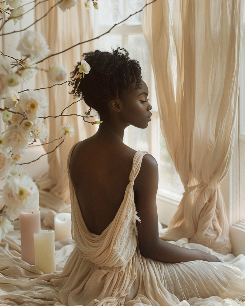 Woman of colour in a peaceful home setting, symbolising coming home and returning to yourself
