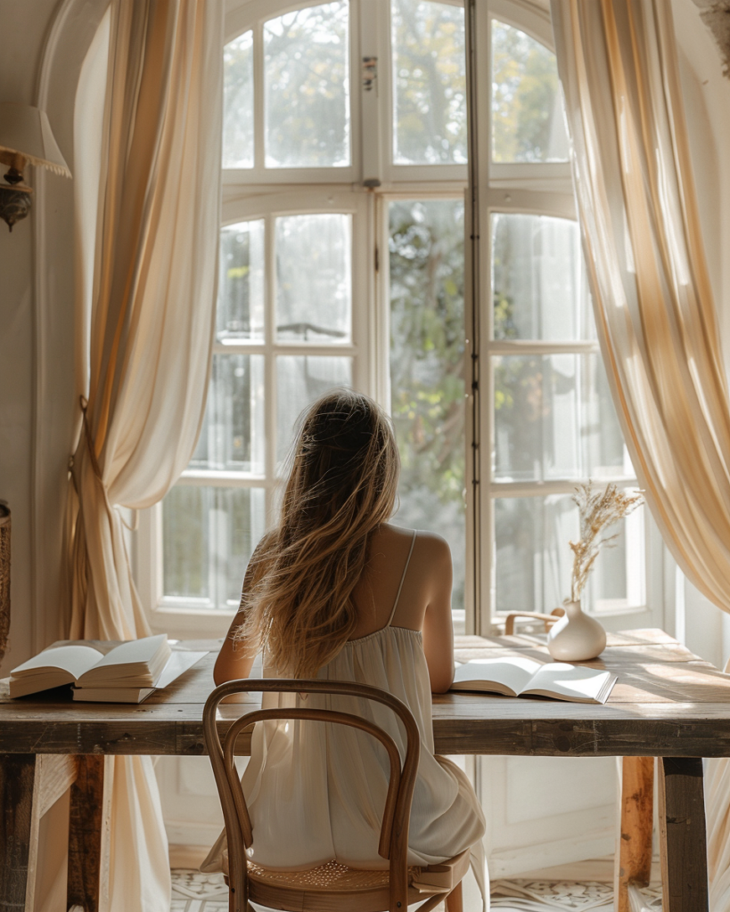 Woman writing by an open window, representing returning to yourself through spaciousness and creativity
