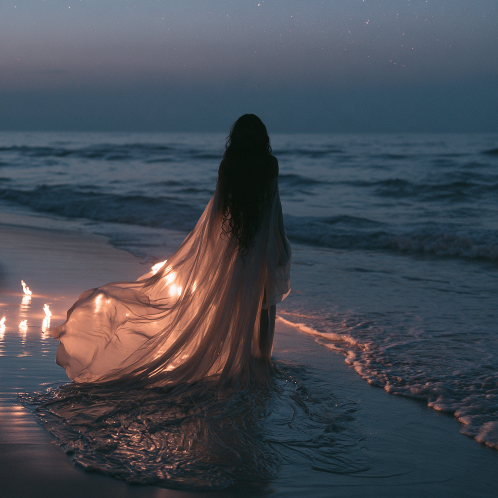 Barefoot woman by the sea at dusk, symbolising returning to yourself through sweetness, freedom and aliveness

